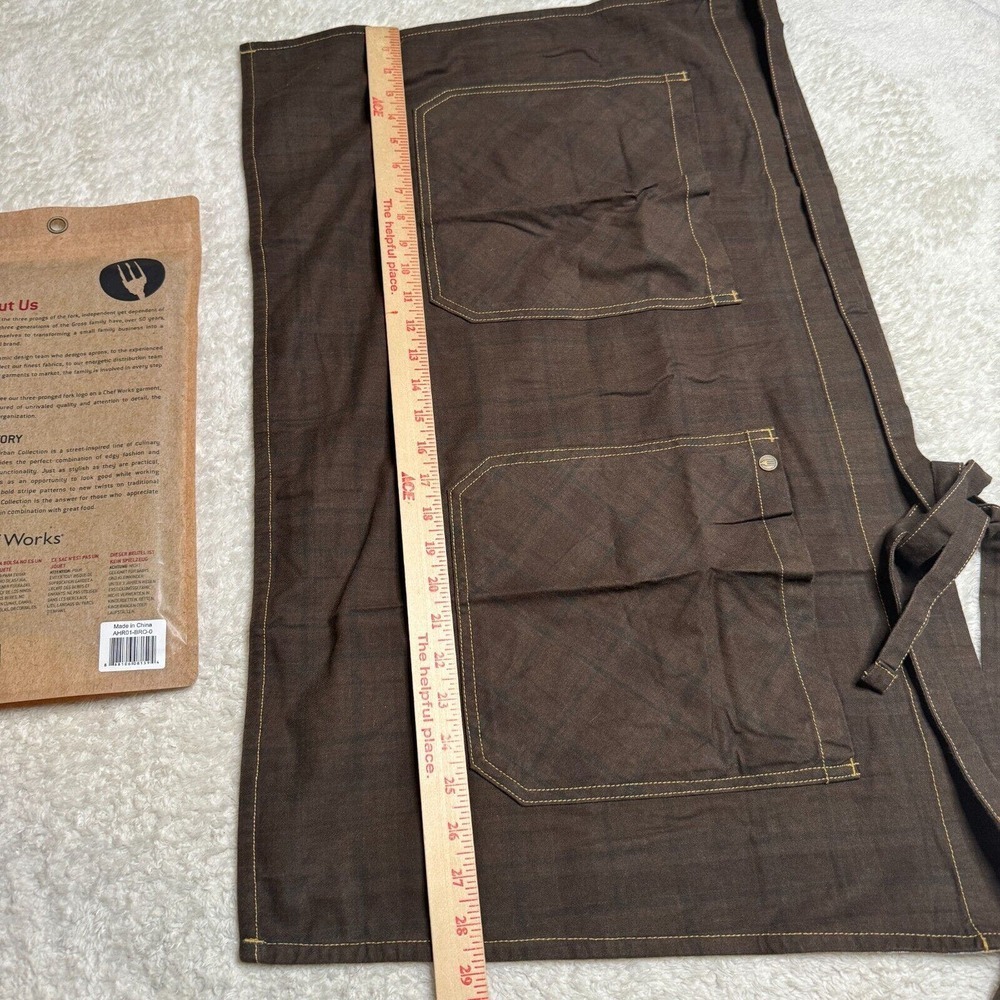 Chef Works Half Bistro Apron Olympia Reversible Plaid NEW Brown Blue Pockets - Picture 6 of 6